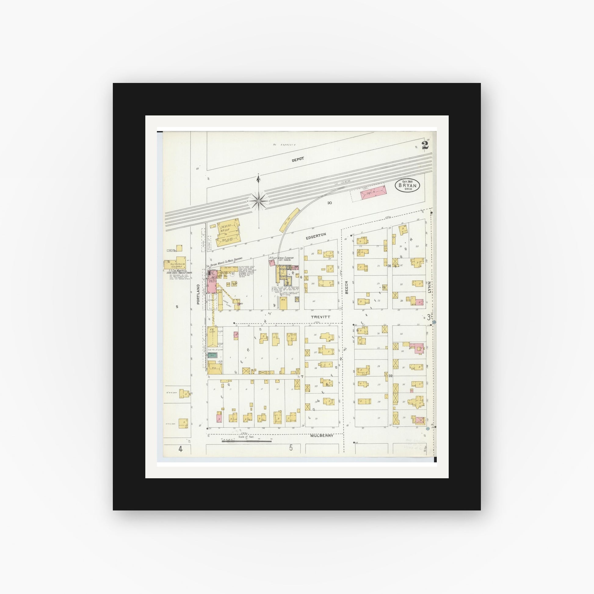 Old map wall art mockup — black gallery frame with white mat — Sanborn Fire Insurance Map from Bryan, Williams County, Ohio (1905), Sheet #0002