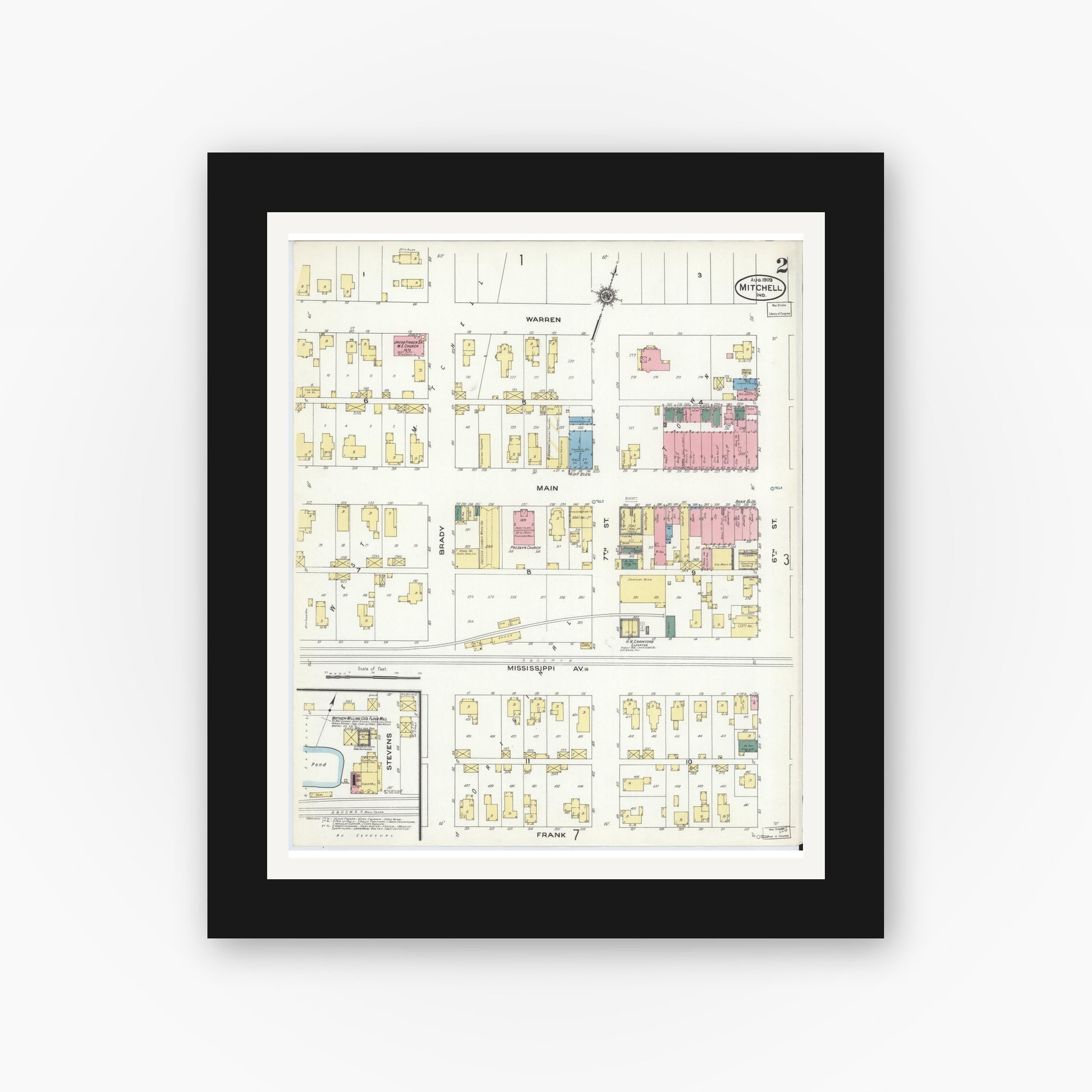 Old map wall art mockup — black gallery frame with white mat — Sanborn Fire Insurance Map from Mitchell, Lawrence County, Indiana (1909), Sheet #0002
