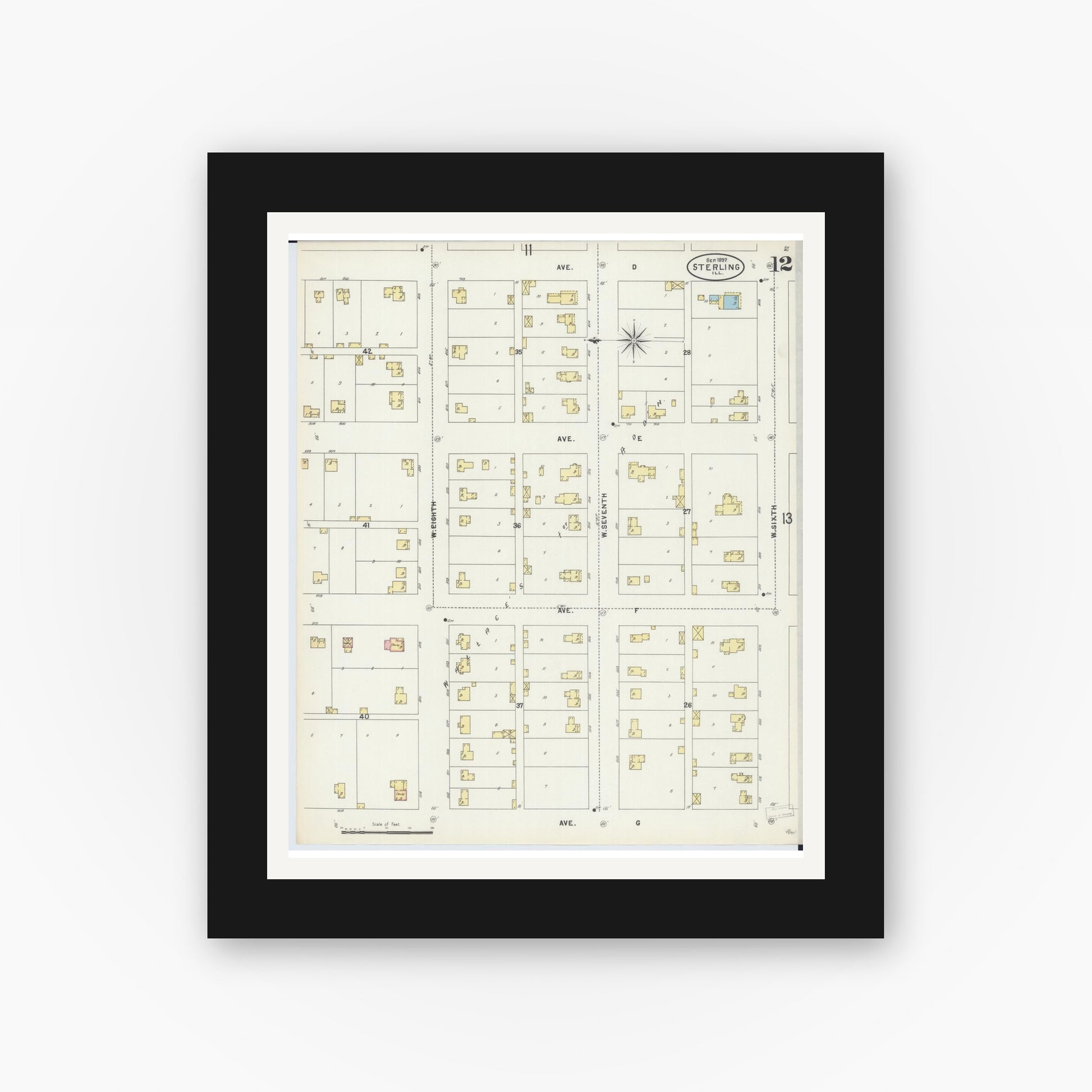 Old map wall art mockup — black gallery frame with white mat — Sanborn Fire Insurance Map from Sterling, Whiteside County, Illinois (1897), Sheet #0012