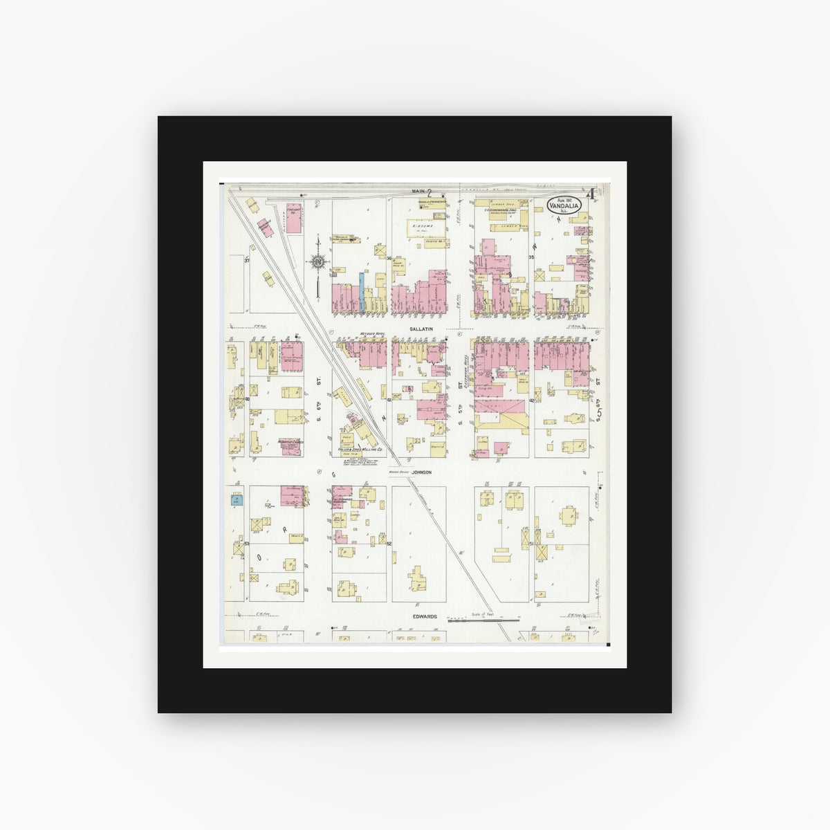 Old map wall art mockup — black gallery frame with white mat — Sanborn Fire Insurance Map from Vandalia, Fayette County, Illinois (1912), Sheet #0004