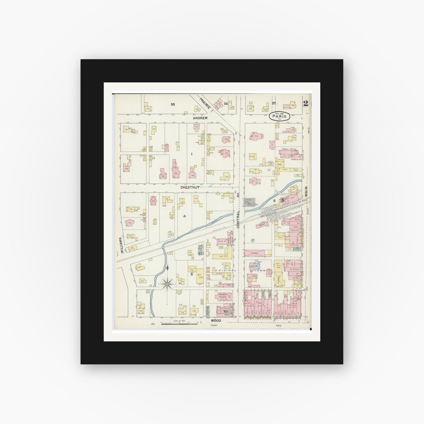 Old map wall art mockup — black gallery frame with white mat — Sanborn Fire Insurance Map from Paris, Edgar County, Illinois (1890), Sheet #0002