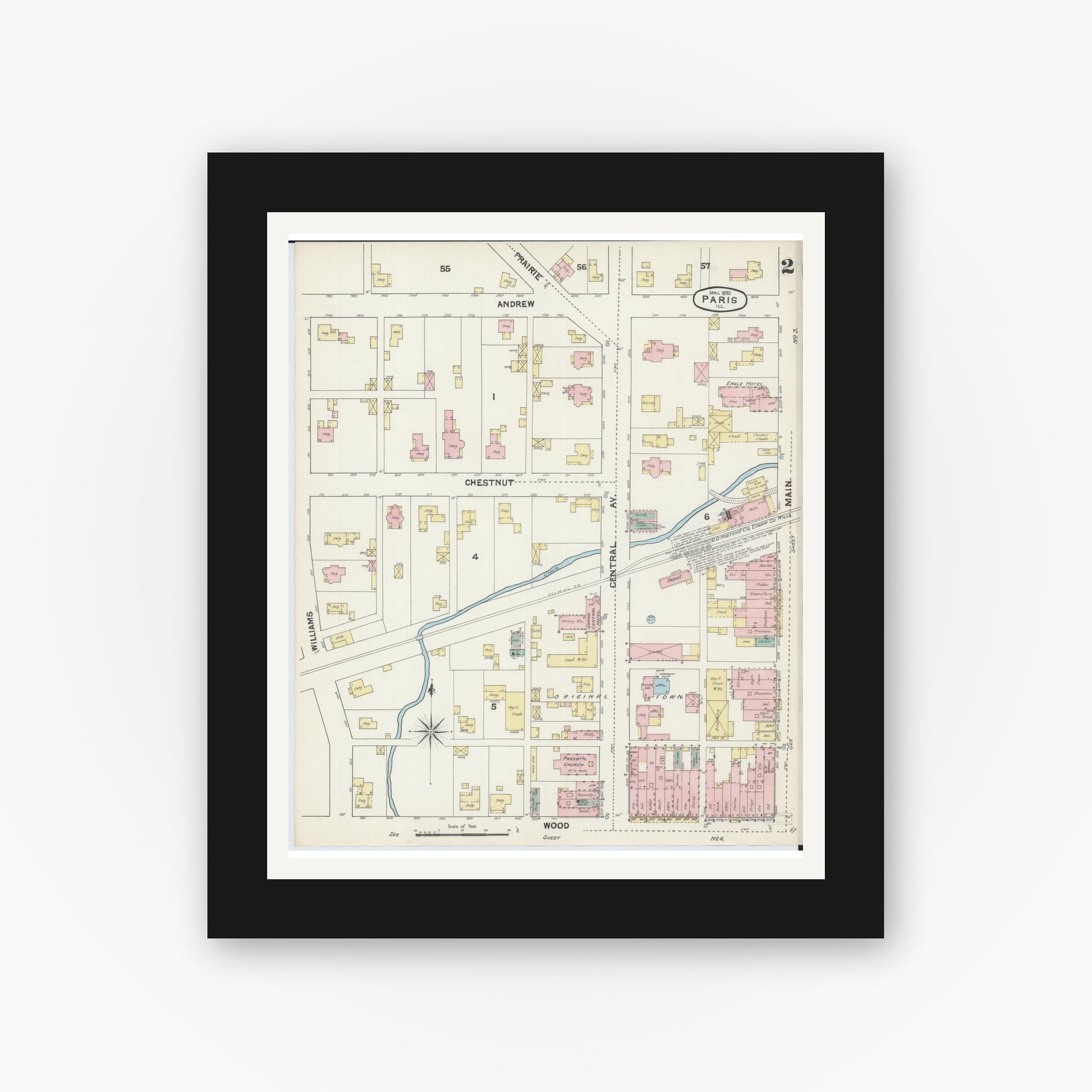 Old map wall art mockup — black gallery frame with white mat — Sanborn Fire Insurance Map from Paris, Edgar County, Illinois (1890), Sheet #0002