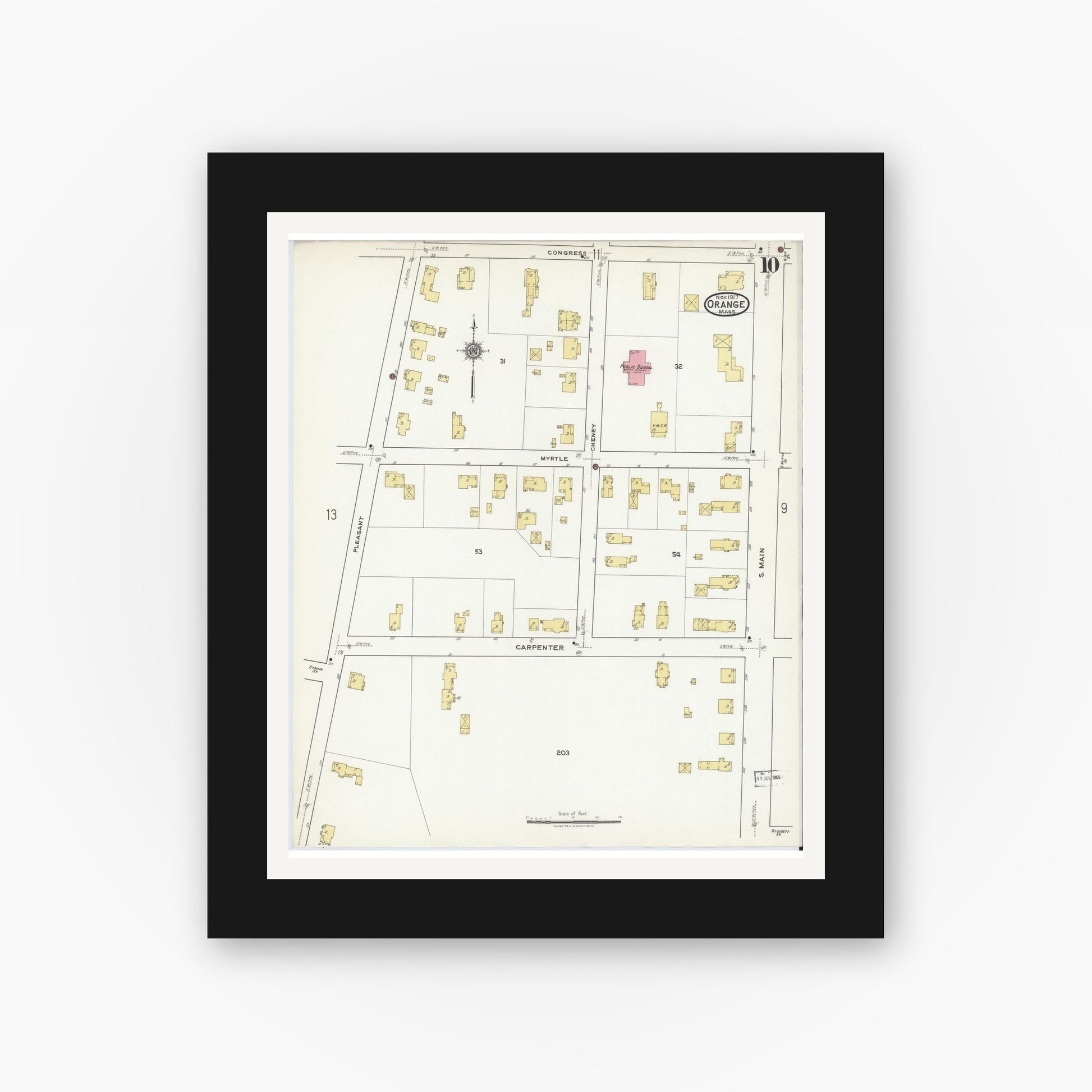 Old map wall art mockup — black gallery frame with white mat — Sanborn Fire Insurance Map from Orange, Franklin County, Massachusetts (1917), Sheet #0010