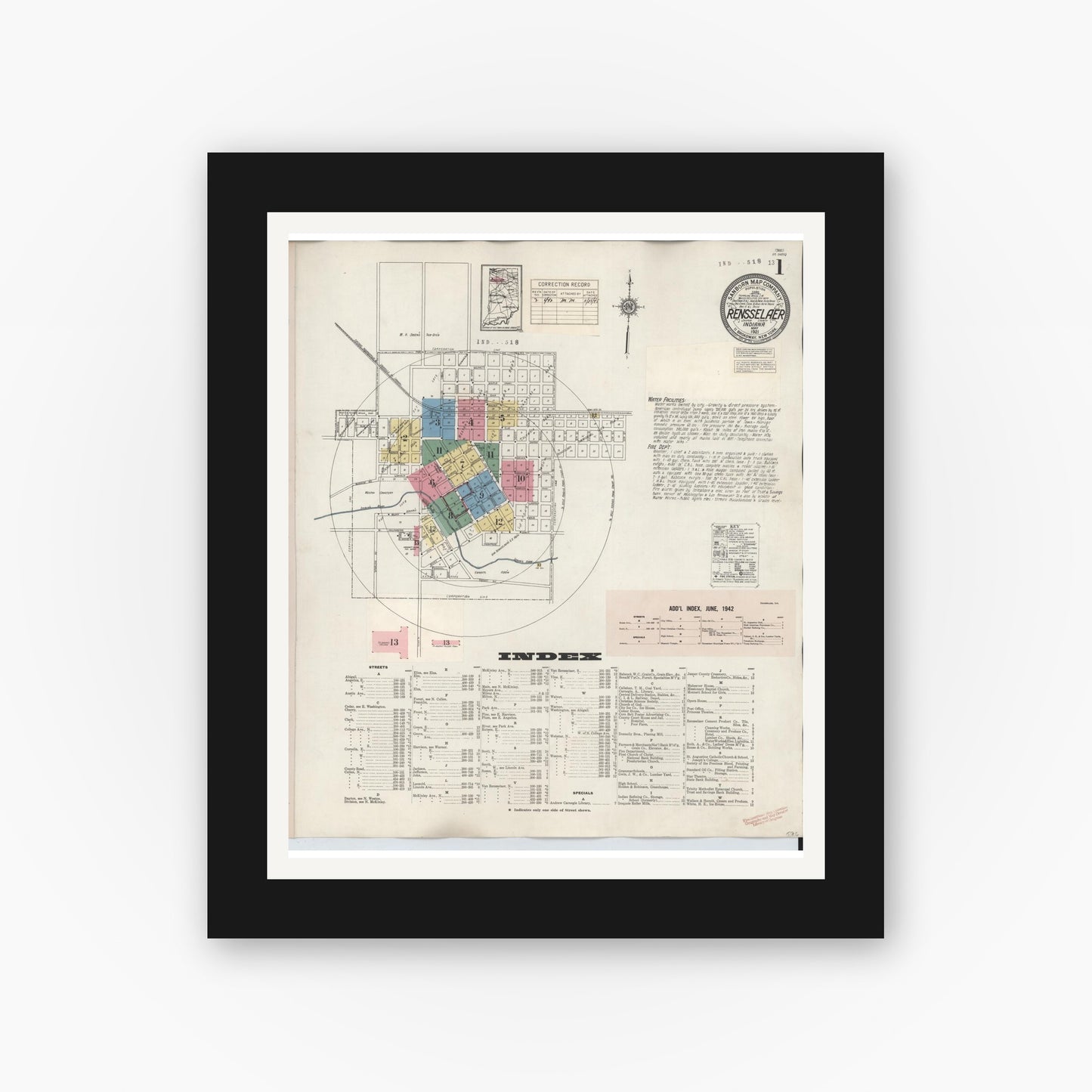 Old map wall art mockup — black gallery frame with white mat — Sanborn Fire Insurance Map from Rensselaer, Jasper County, Indiana (1942) - Complete Map Set