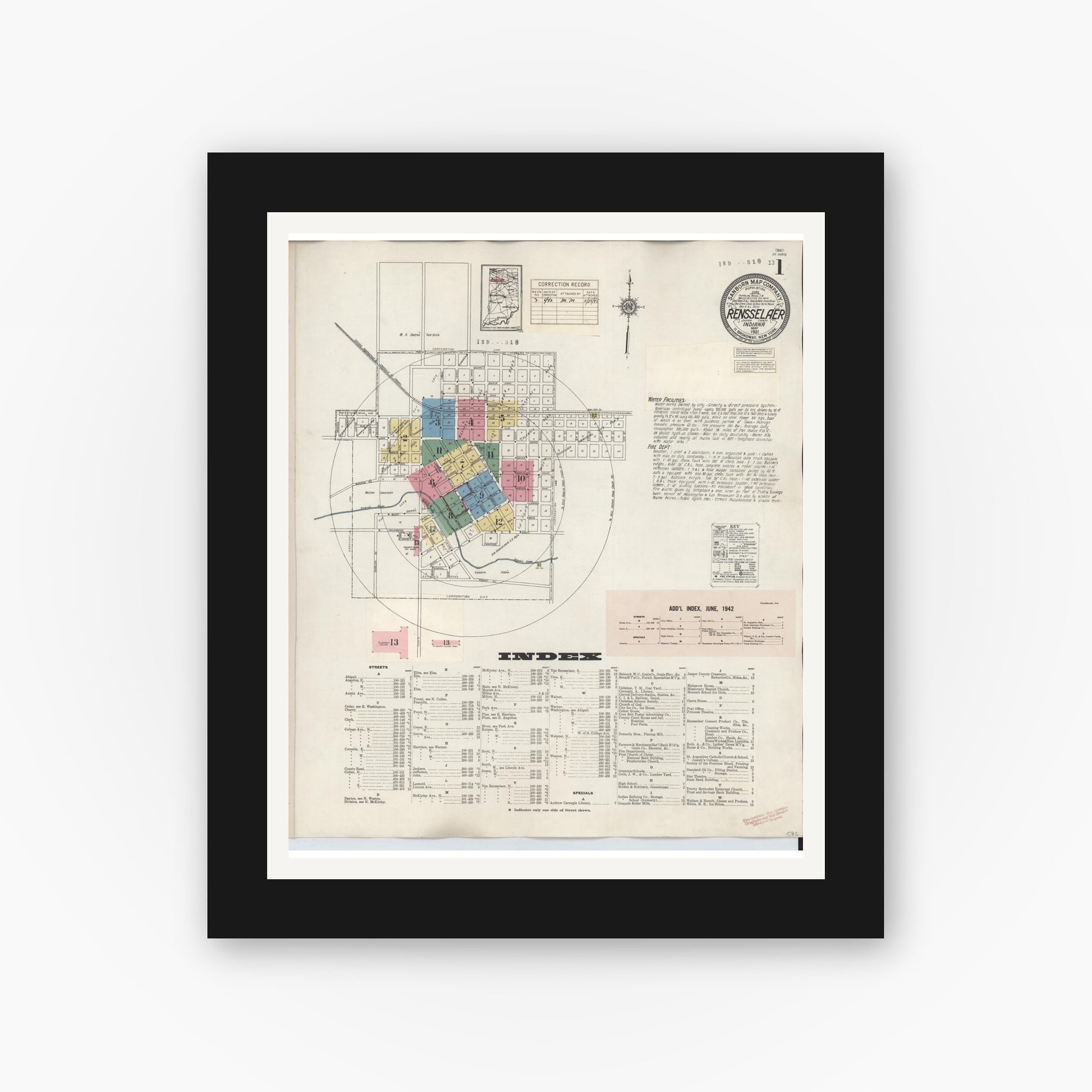 Old map wall art mockup — black gallery frame with white mat — Sanborn Fire Insurance Map from Rensselaer, Jasper County, Indiana (1942) - Complete Map Set