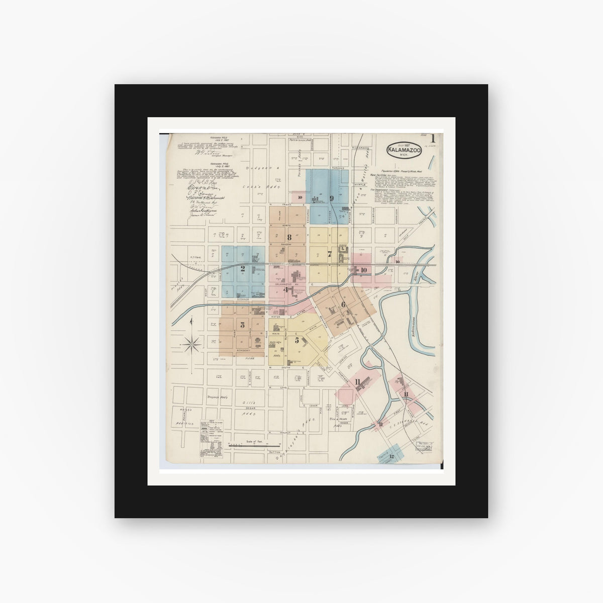 Old map wall art mockup — black gallery frame with white mat — Sanborn Fire Insurance Map from Kalamazoo, Kalamazoo County, Michigan (1887), Sheet #0001