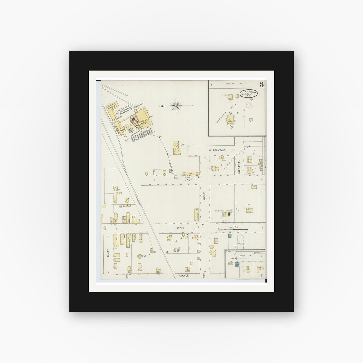 Old map wall art mockup — black gallery frame with white mat — Sanborn Fire Insurance Map from Cadott, Chippewa County, Wisconsin (1894), Sheet #0003
