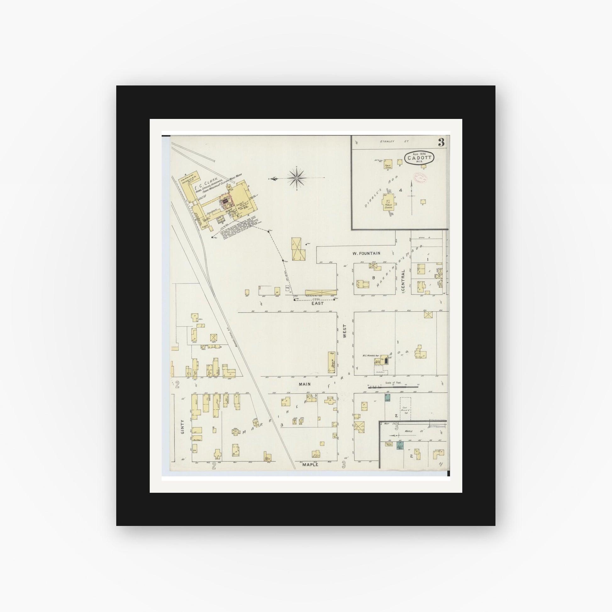 Old map wall art mockup — black gallery frame with white mat — Sanborn Fire Insurance Map from Cadott, Chippewa County, Wisconsin (1894), Sheet #0003