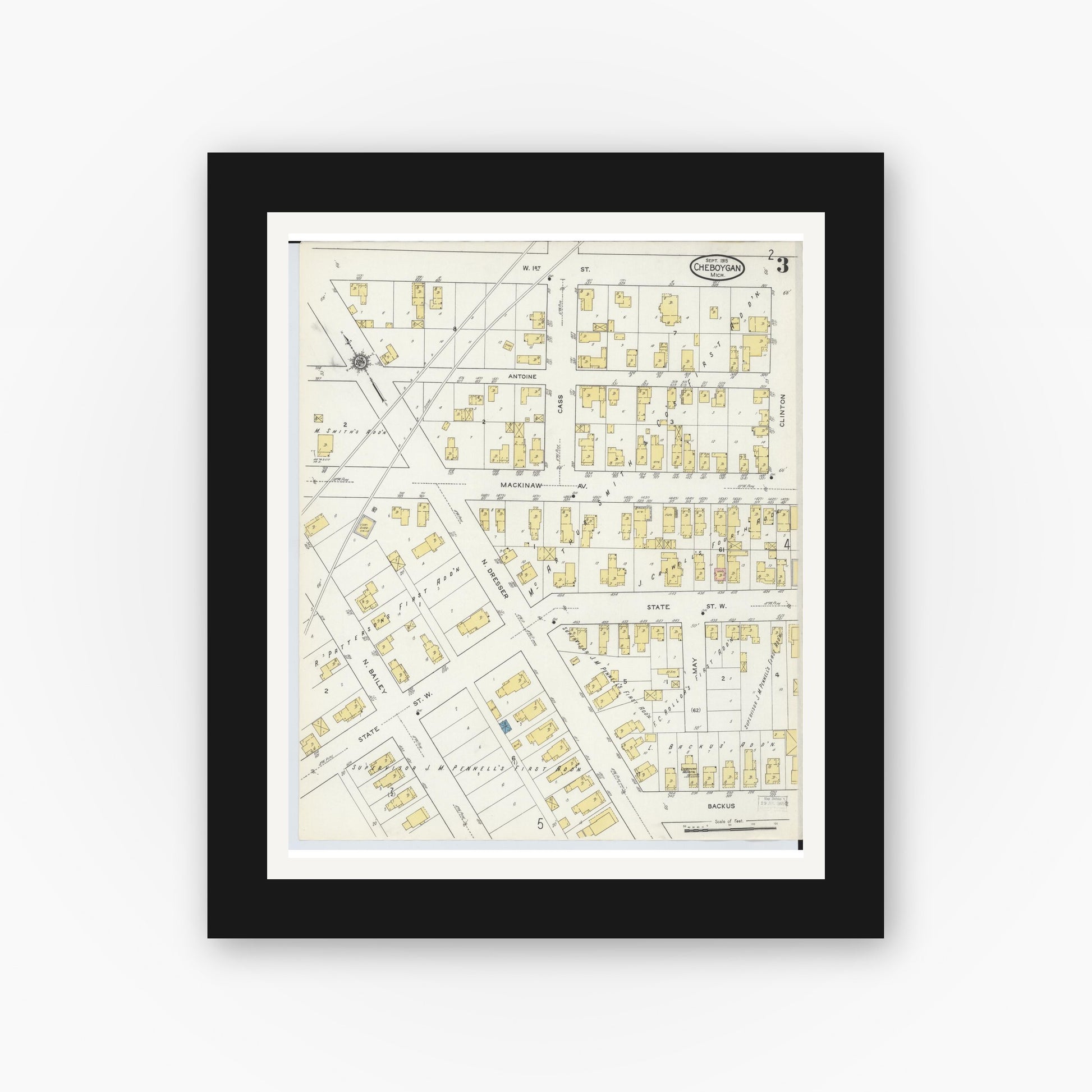 Old map wall art mockup — black gallery frame with white mat — Sanborn Fire Insurance Map from Cheboygan, Cheboygan County, Michigan (1915), Sheet #0003