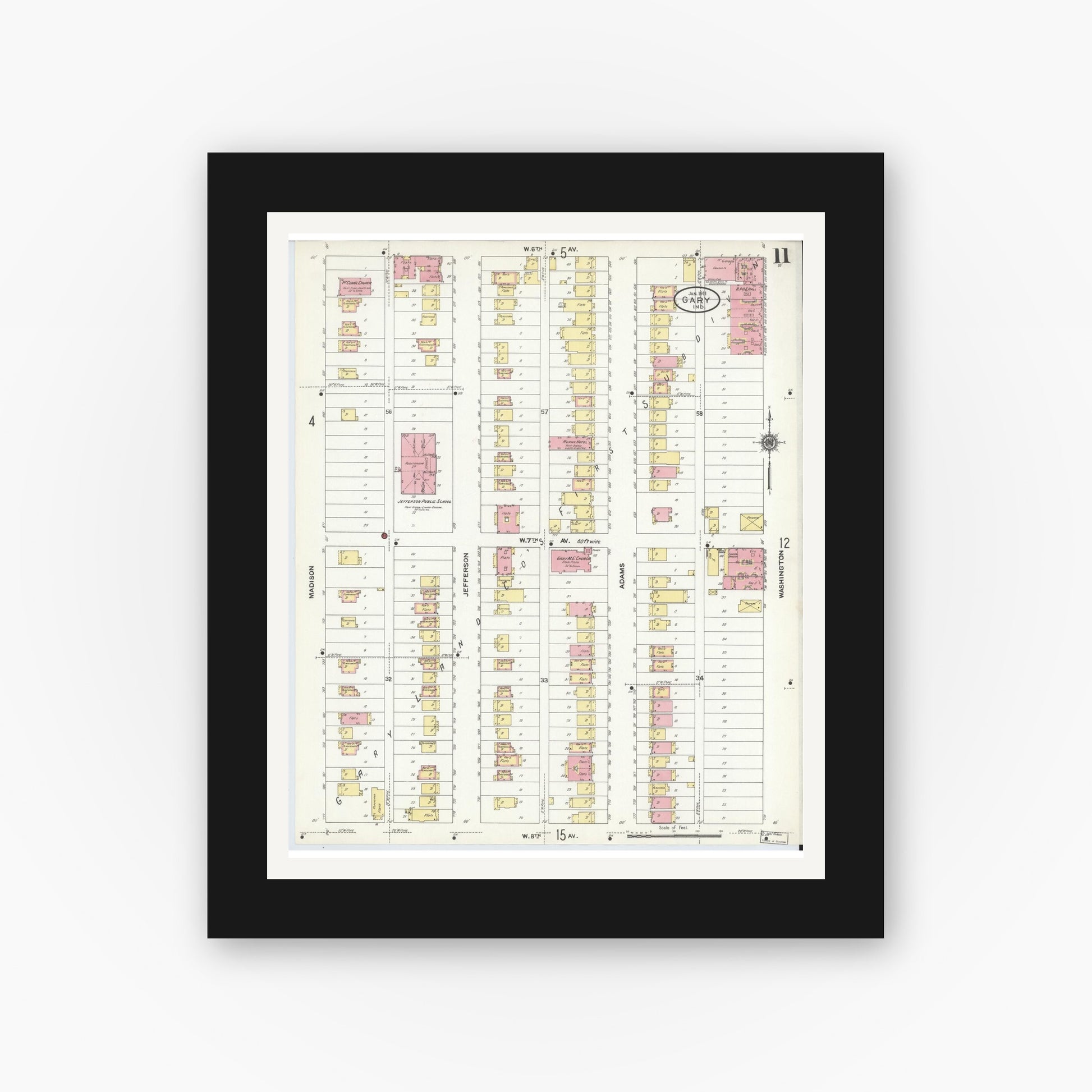 Old map wall art mockup — black gallery frame with white mat — Sanborn Fire Insurance Map from Gary, Lake County, Indiana (1911), Sheet #0011