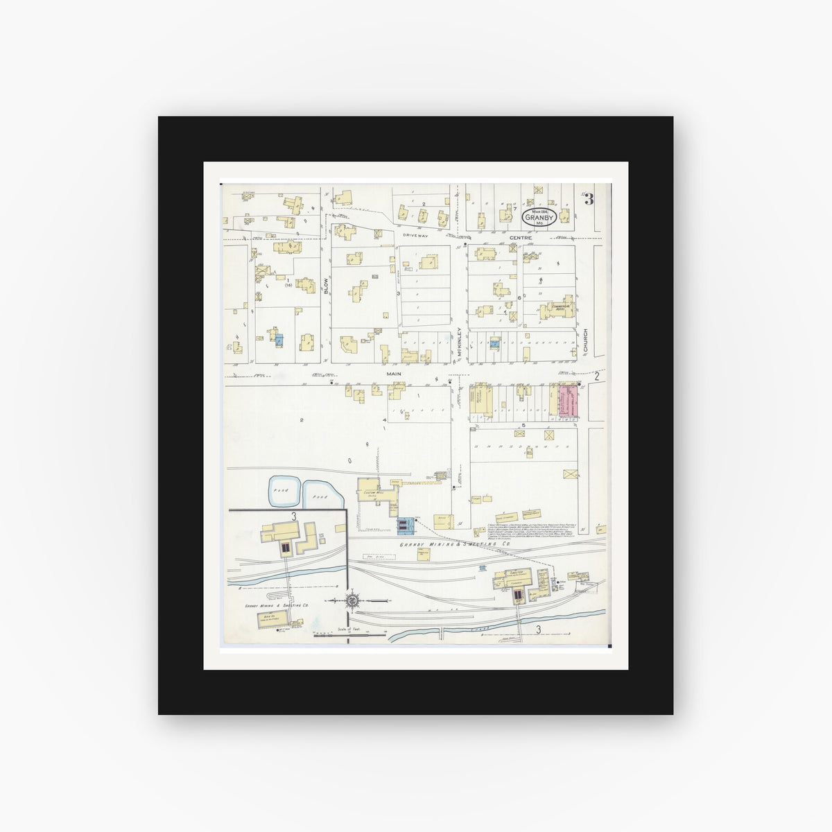 Old map wall art mockup — black gallery frame with white mat — Sanborn Fire Insurance Map from Granby, Newton County, Missouri (1914), Sheet #0003