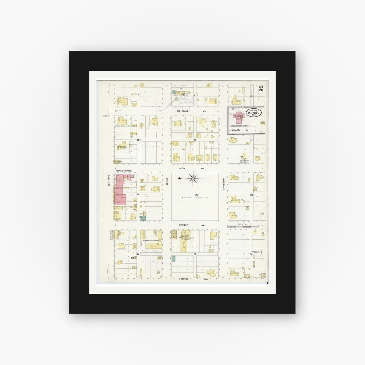 Old map wall art mockup — black gallery frame with white mat — Sanborn Fire Insurance Map from Hondo, Medina County, Texas (1909), Sheet #0002