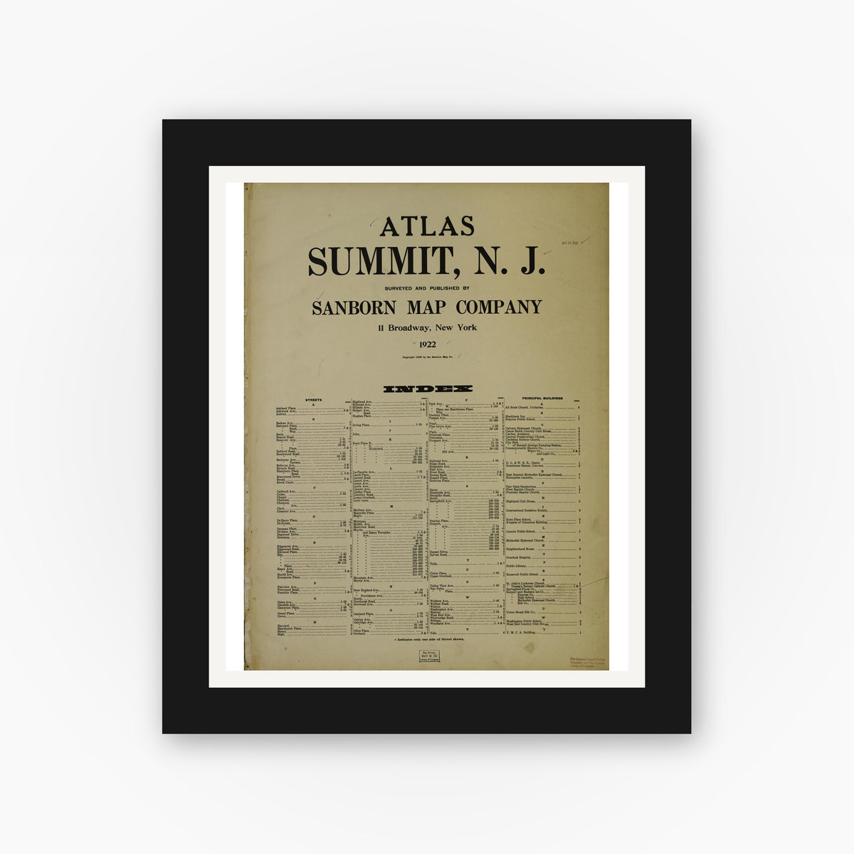 Old map wall art mockup — black gallery frame with white mat — Sanborn Fire Insurance Map from Summit, Union County, New Jersey (1922), Sheet #0001