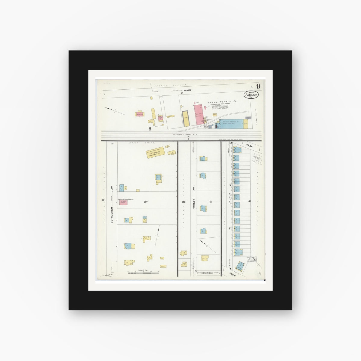 Old map wall art mockup — black gallery frame with white mat — Sanborn Fire Insurance Map from Ambler, Montgomery County, Pennsylvania (1909), Sheet #0009