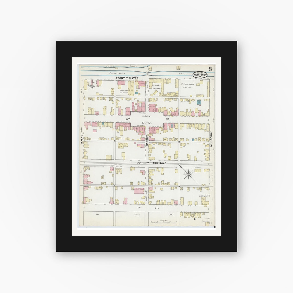 Old map wall art mockup — black gallery frame with white mat — Sanborn Fire Insurance Map from Newport, Perry County, Pennsylvania (1891), Sheet #0003