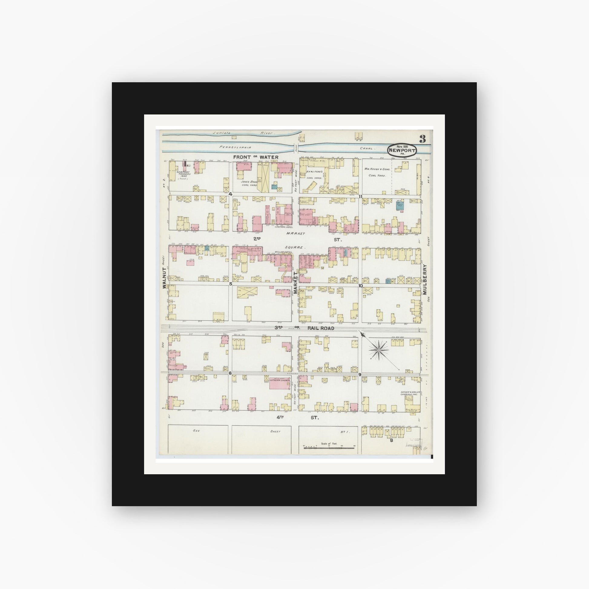 Old map wall art mockup — black gallery frame with white mat — Sanborn Fire Insurance Map from Newport, Perry County, Pennsylvania (1891), Sheet #0003