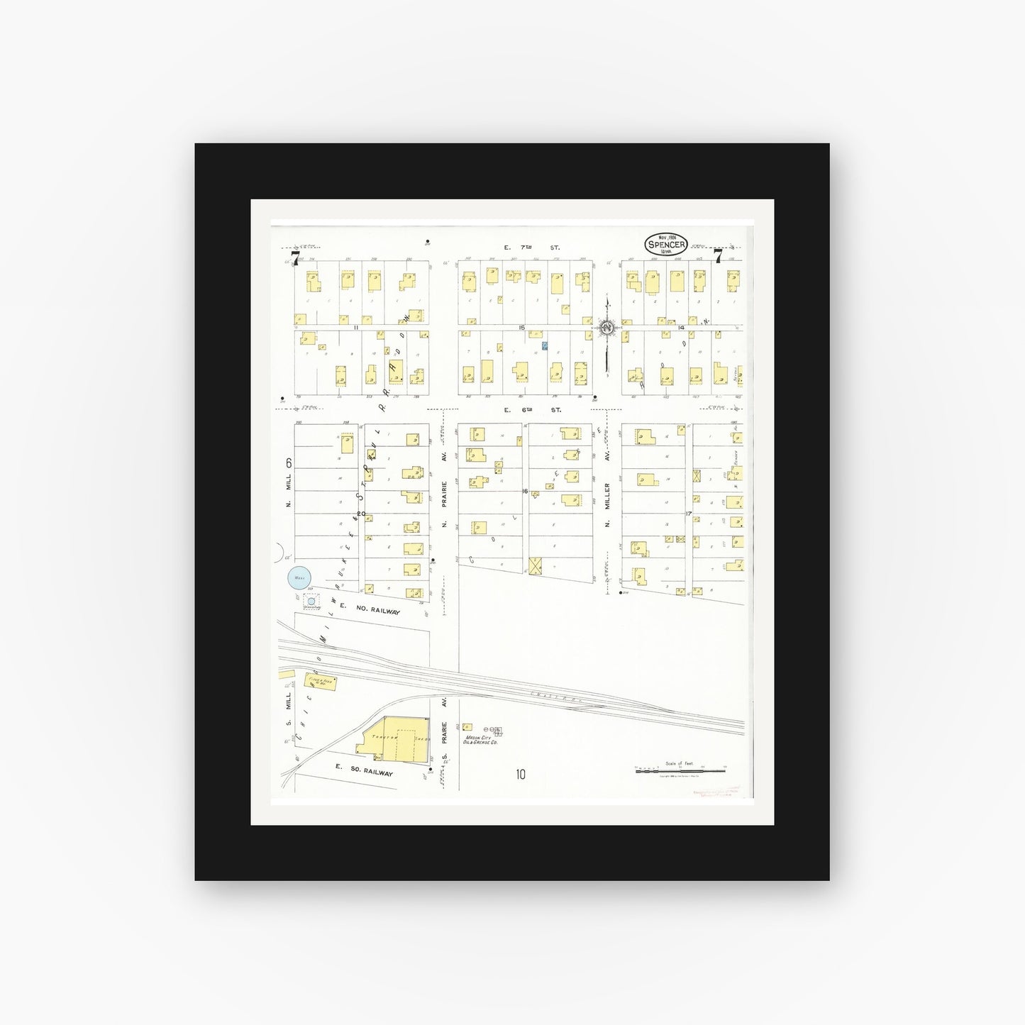 Old map wall art mockup — black gallery frame with white mat — Sanborn Fire Insurance Map from Spencer, Clay County, Iowa (1924), Sheet #0007