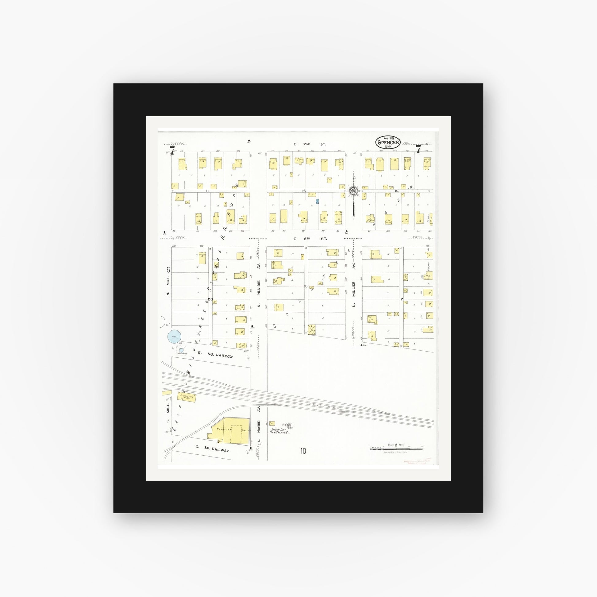 Old map wall art mockup — black gallery frame with white mat — Sanborn Fire Insurance Map from Spencer, Clay County, Iowa (1924), Sheet #0007