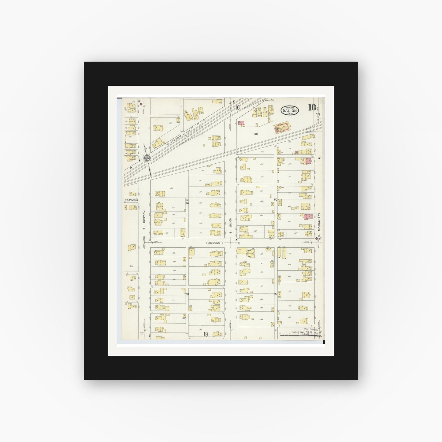 Old map wall art mockup — black gallery frame with white mat — Sanborn Fire Insurance Map from Galion, Crawford County, Ohio (1913), Sheet #0018
