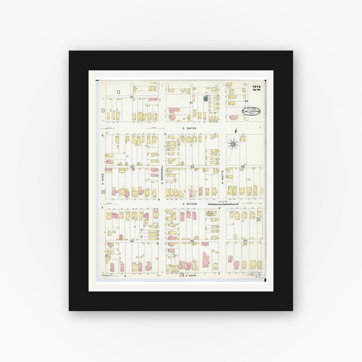 Old map wall art mockup — black gallery frame with white mat — Sanborn Fire Insurance Map from Chillicothe, Ross County, Ohio (1909), Sheet #0022