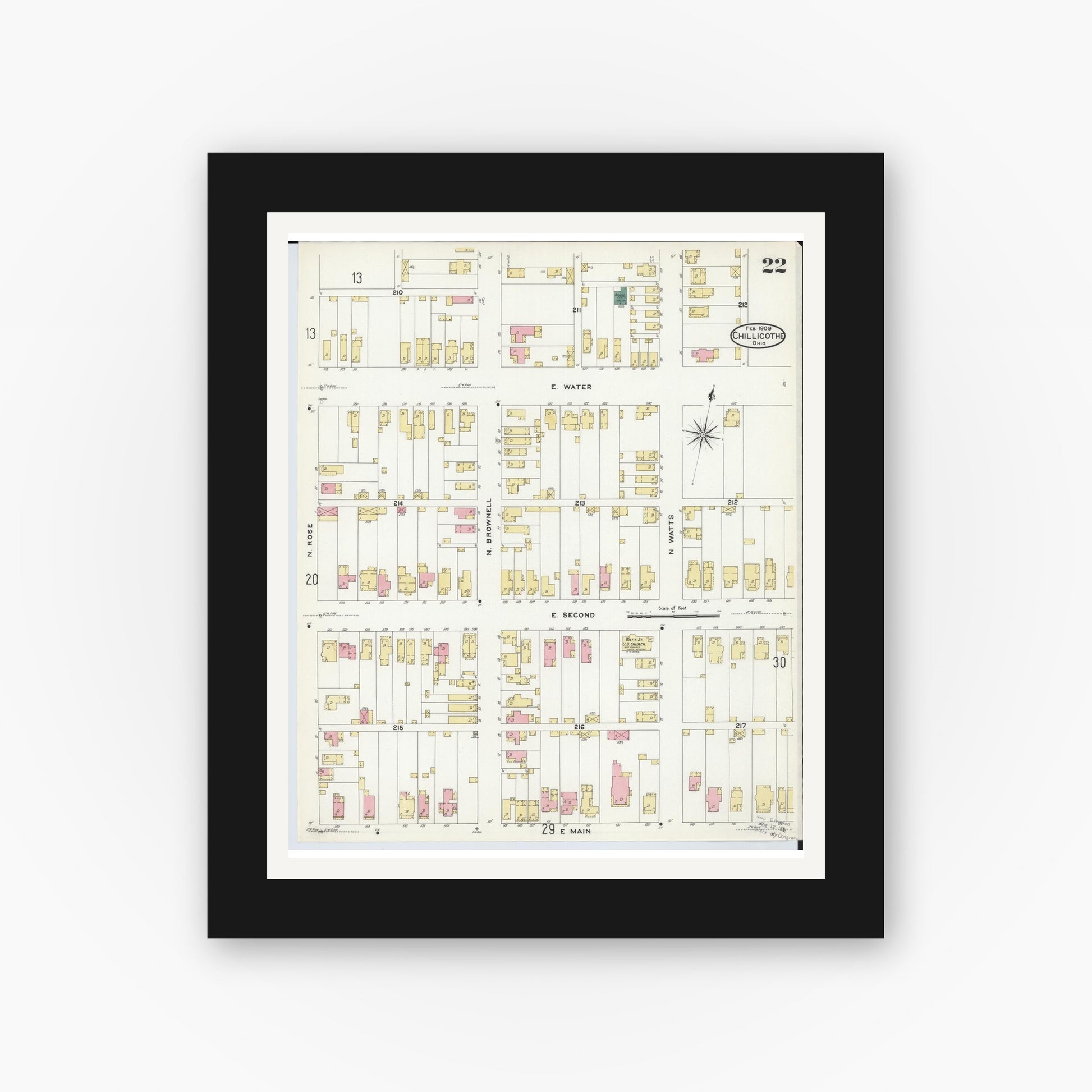 Old map wall art mockup — black gallery frame with white mat — Sanborn Fire Insurance Map from Chillicothe, Ross County, Ohio (1909), Sheet #0022