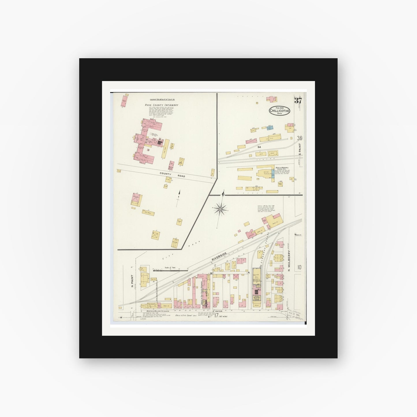 Old map wall art mockup — black gallery frame with white mat — Sanborn Fire Insurance Map from Chillicothe, Ross County, Ohio (1909), Sheet #0037