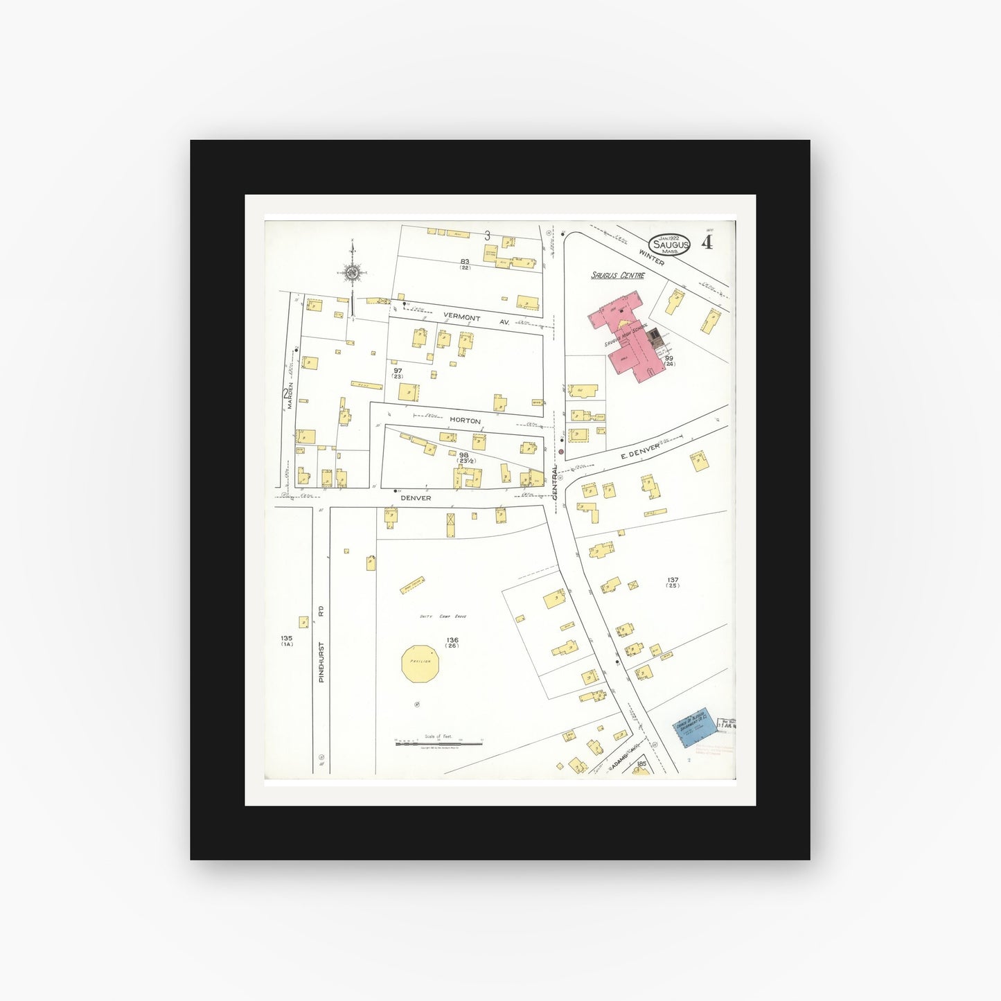 Old map wall art mockup — black gallery frame with white mat — Sanborn Fire Insurance Map from Saugus, Essex County, Massachusetts (1922), Sheet #0004