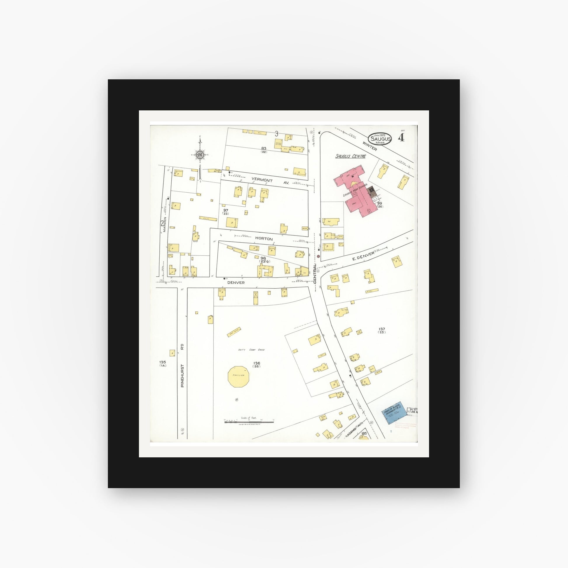 Old map wall art mockup — black gallery frame with white mat — Sanborn Fire Insurance Map from Saugus, Essex County, Massachusetts (1922), Sheet #0004
