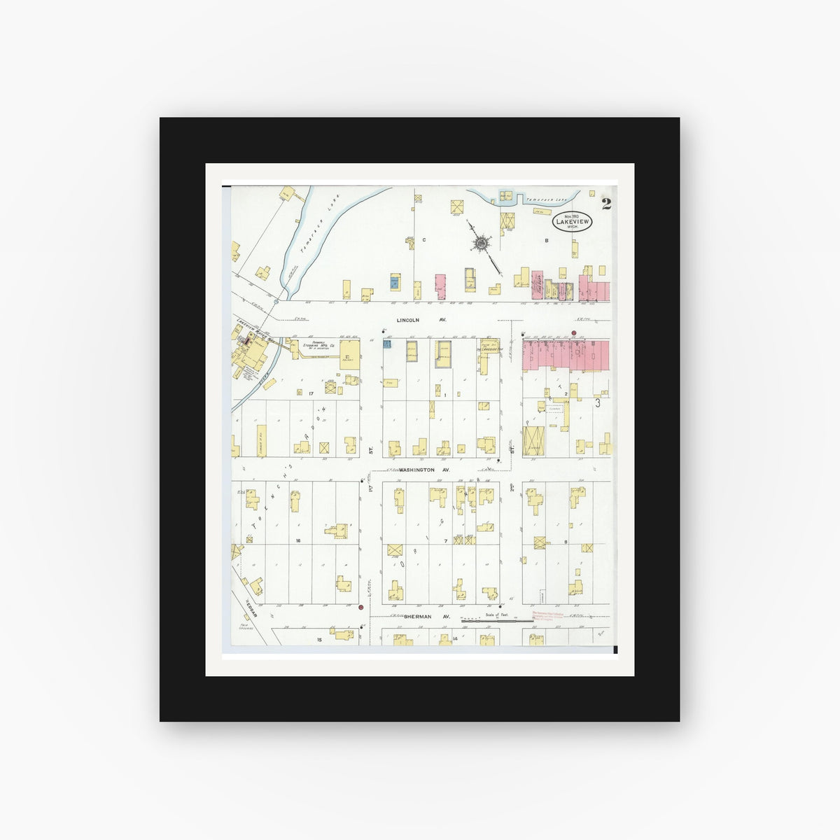 Old map wall art mockup — black gallery frame with white mat — Sanborn Fire Insurance Map from Lakeview, Montcalm County, Michigan (1910), Sheet #0002