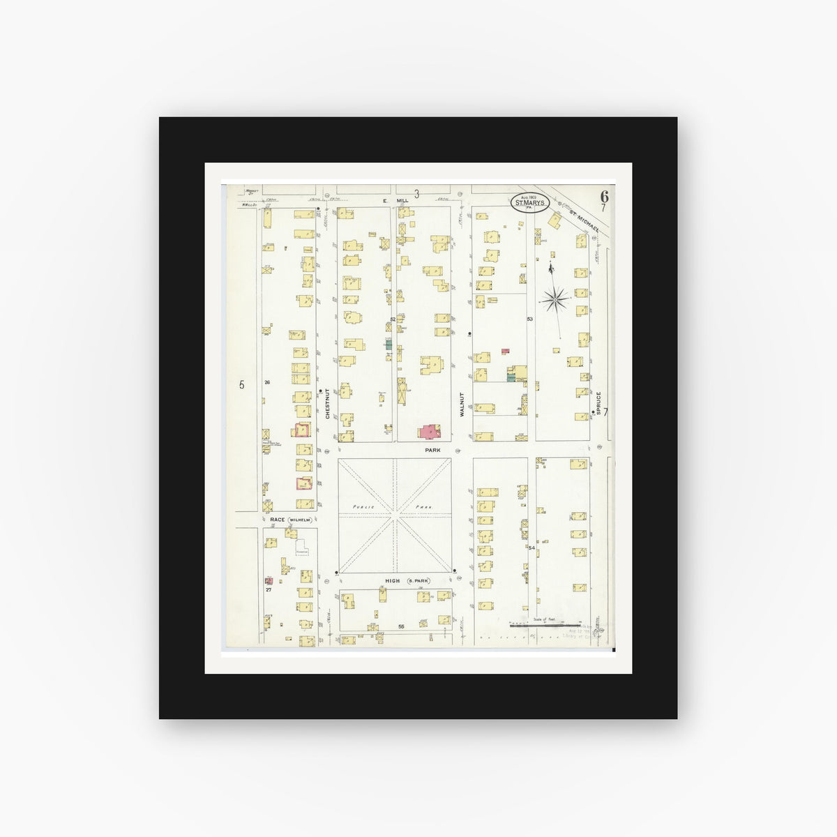 Old map wall art mockup — black gallery frame with white mat — Sanborn Fire Insurance Map from Saint Marys, Elk County, Pennsylvania (1909), Sheet #0006