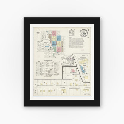 Old map wall art mockup — black gallery frame with white mat — Sanborn Fire Insurance Map from Teague, Freestone County, Texas (1914), Sheet #0001