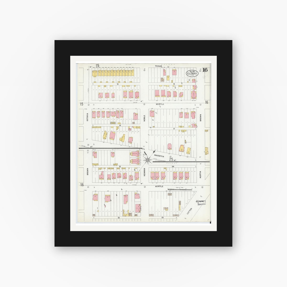 Old map wall art mockup — black gallery frame with white mat — Sanborn Fire Insurance Map from El Paso, El Paso County, Texas (1902), Sheet #0016