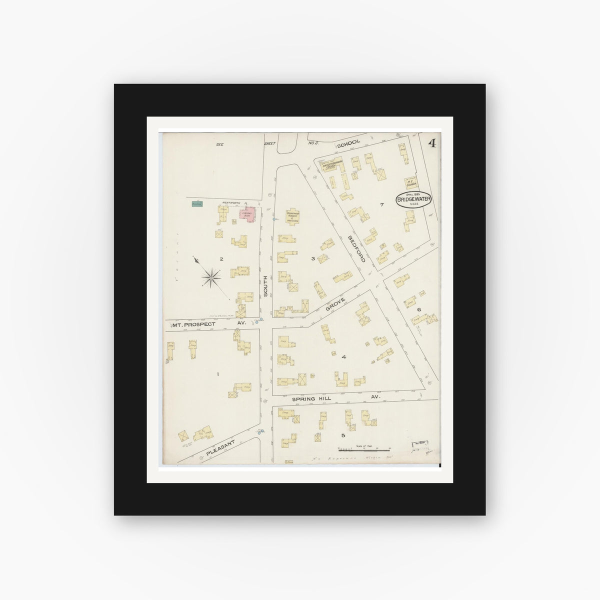 Old map wall art mockup — black gallery frame with white mat — Sanborn Fire Insurance Map from Bridgewater, Plymouth County, Massachusetts (1885), Sheet #0004