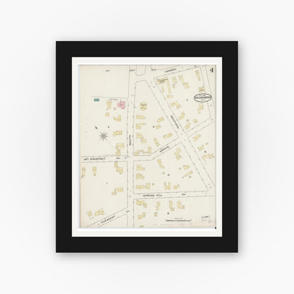 Old map wall art mockup — black gallery frame with white mat — Sanborn Fire Insurance Map from Bridgewater, Plymouth County, Massachusetts (1885), Sheet #0004