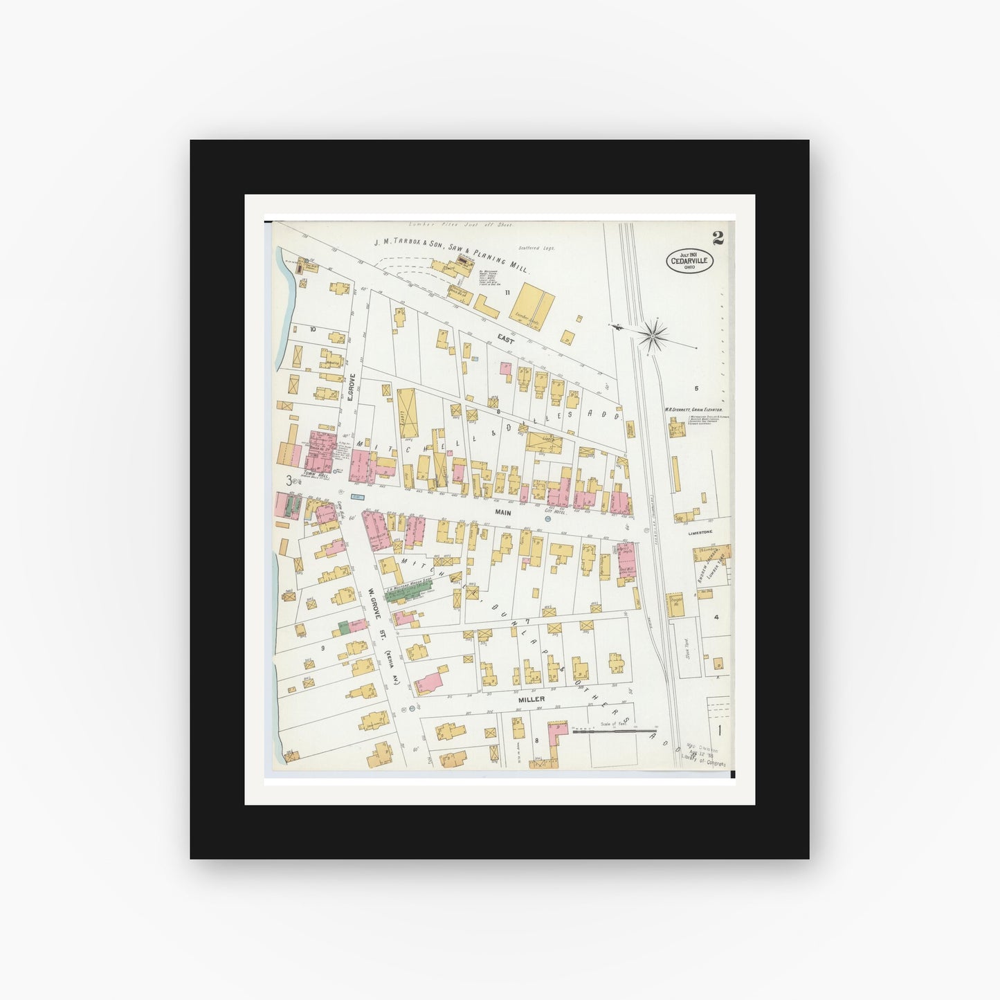 Old map wall art mockup — black gallery frame with white mat — Sanborn Fire Insurance Map from Cedarville, Greene County, Ohio (1901), Sheet #0002