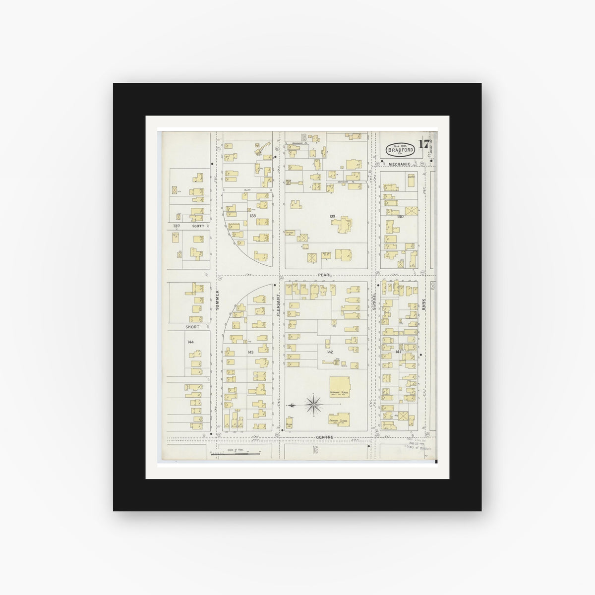 Old map wall art mockup — black gallery frame with white mat — Sanborn Fire Insurance Map from Bradford, McKean County, Pennsylvania (1895), Sheet #0017
