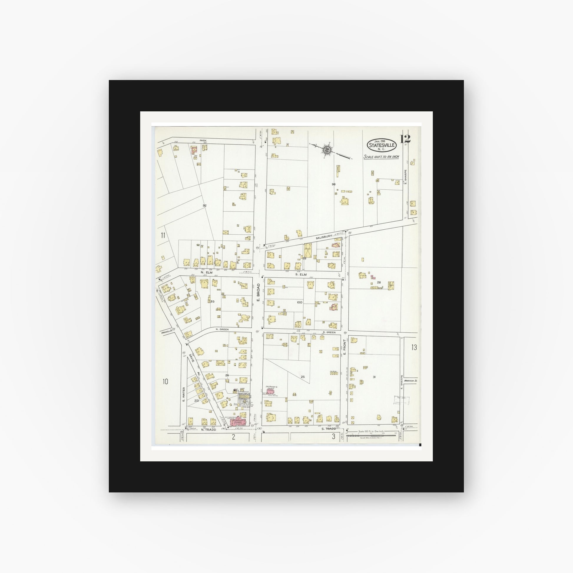 Old map wall art mockup — black gallery frame with white mat — Sanborn Fire Insurance Map from Statesville, Iredell County, North Carolina (1918), Sheet #0012