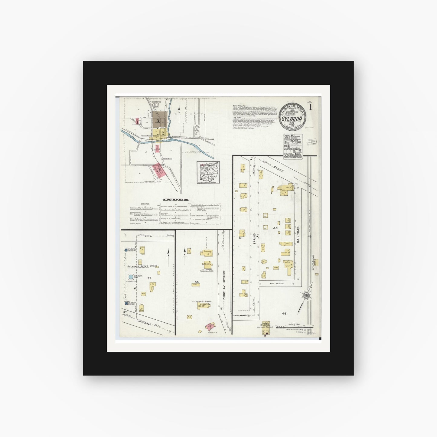 Old map wall art mockup — black gallery frame with white mat — Sanborn Fire Insurance Map from Sylvania, Lucas County, Ohio (1919) - Complete Map Set