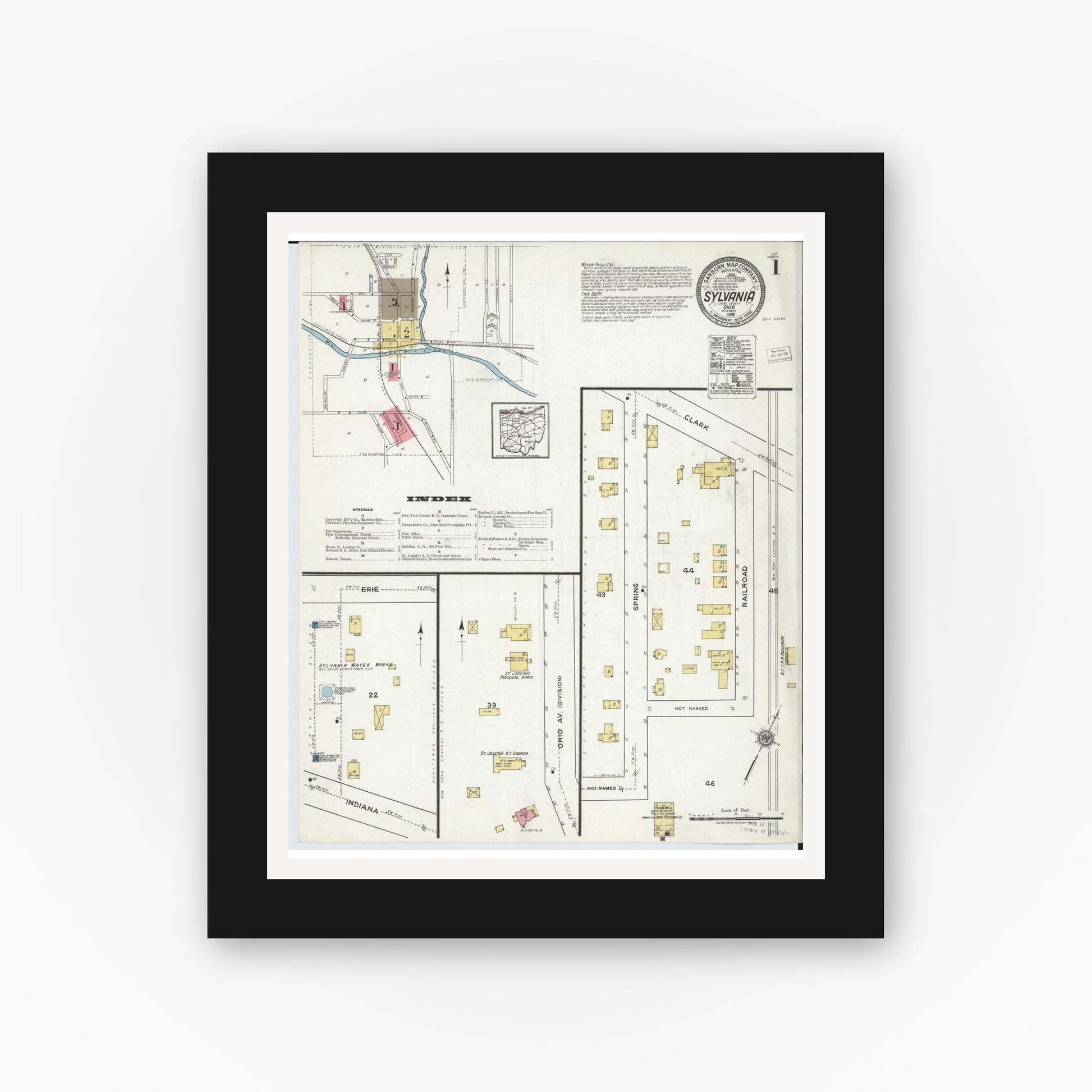 Old map wall art mockup — black gallery frame with white mat — Sanborn Fire Insurance Map from Sylvania, Lucas County, Ohio (1919) - Complete Map Set