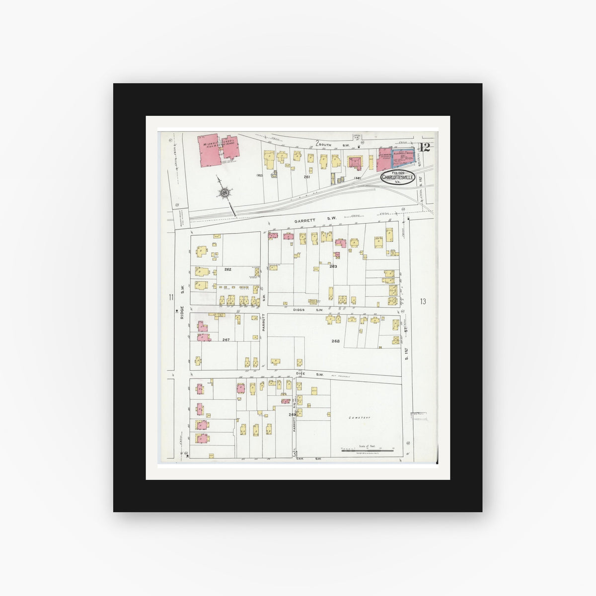Old map wall art mockup — black gallery frame with white mat — Sanborn Fire Insurance Map from Charlottesville, Independent Cities, Virginia (1920), Sheet #0012