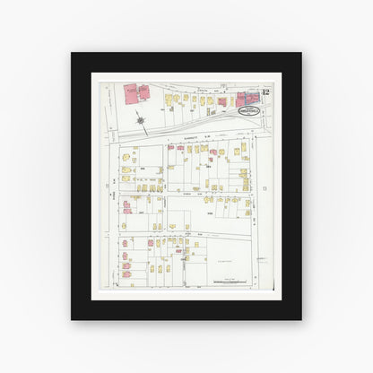 Old map wall art mockup — black gallery frame with white mat — Sanborn Fire Insurance Map from Charlottesville, Independent Cities, Virginia (1920), Sheet #0012