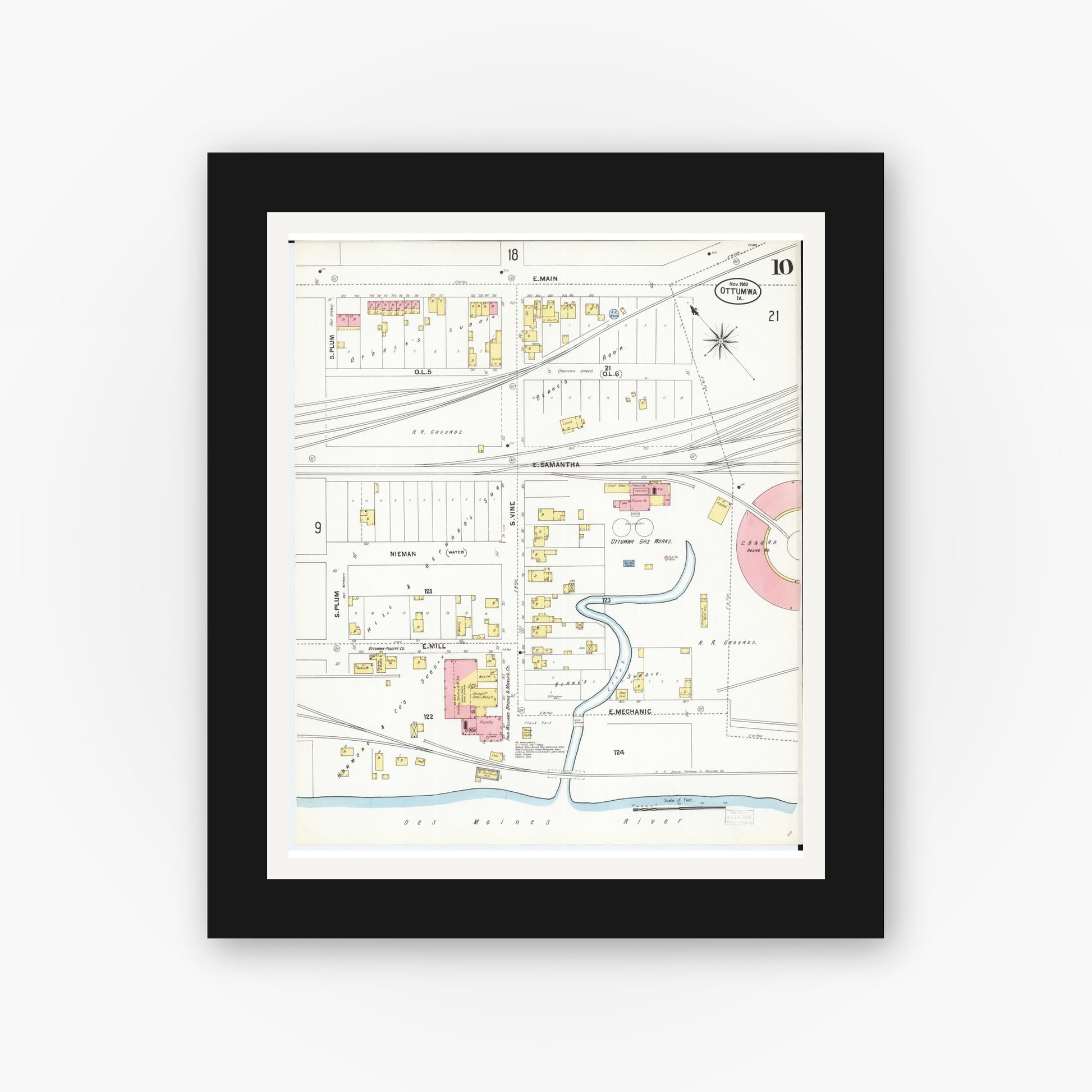 Old map wall art mockup — black gallery frame with white mat — Sanborn Fire Insurance Map from Ottumwa, Wapello County, Iowa (1902), Sheet #0010