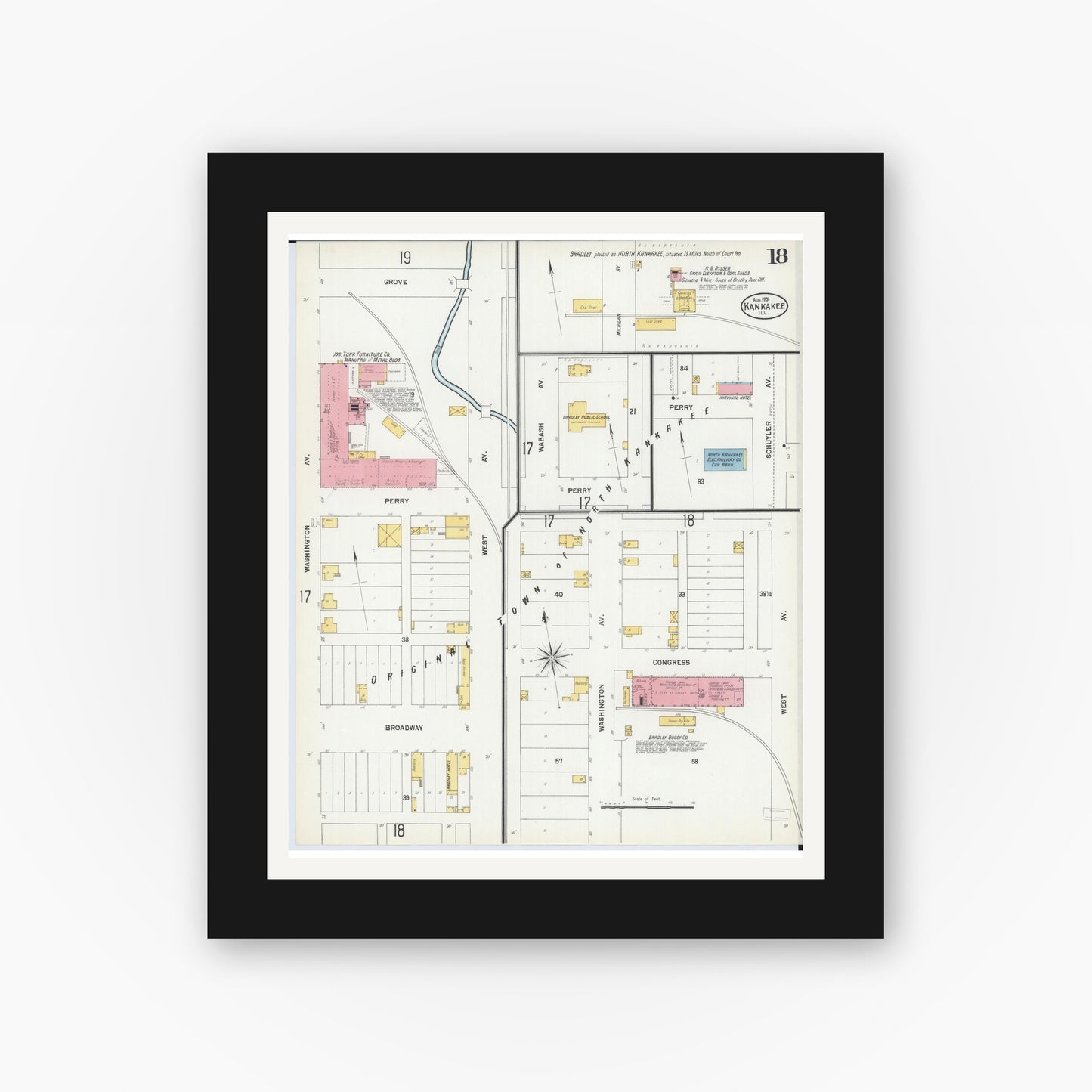 Old map wall art mockup — black gallery frame with white mat — Sanborn Fire Insurance Map from Kankakee, Kankakee County, Illinois (1901), Sheet #0018