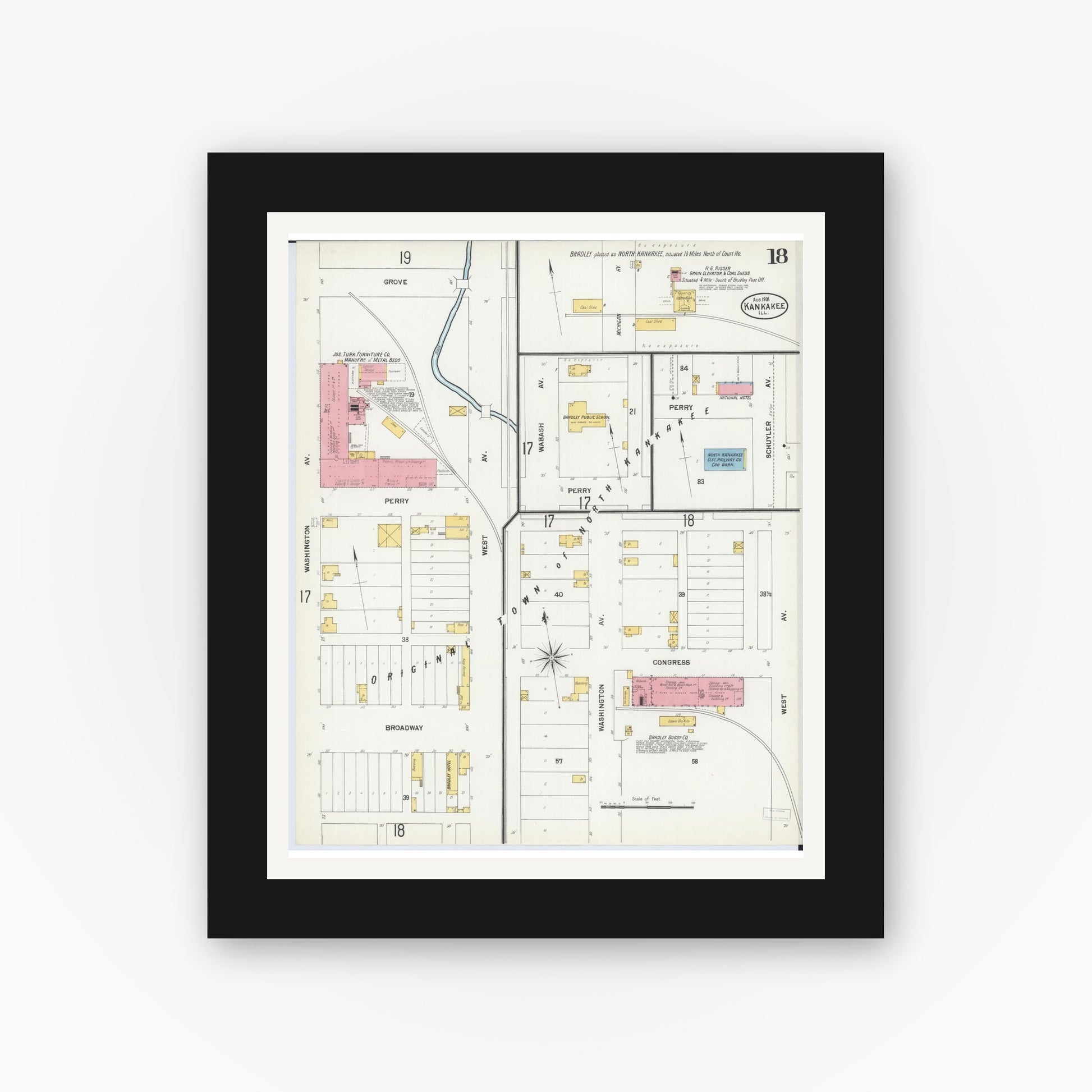 Old map wall art mockup — black gallery frame with white mat — Sanborn Fire Insurance Map from Kankakee, Kankakee County, Illinois (1901), Sheet #0018
