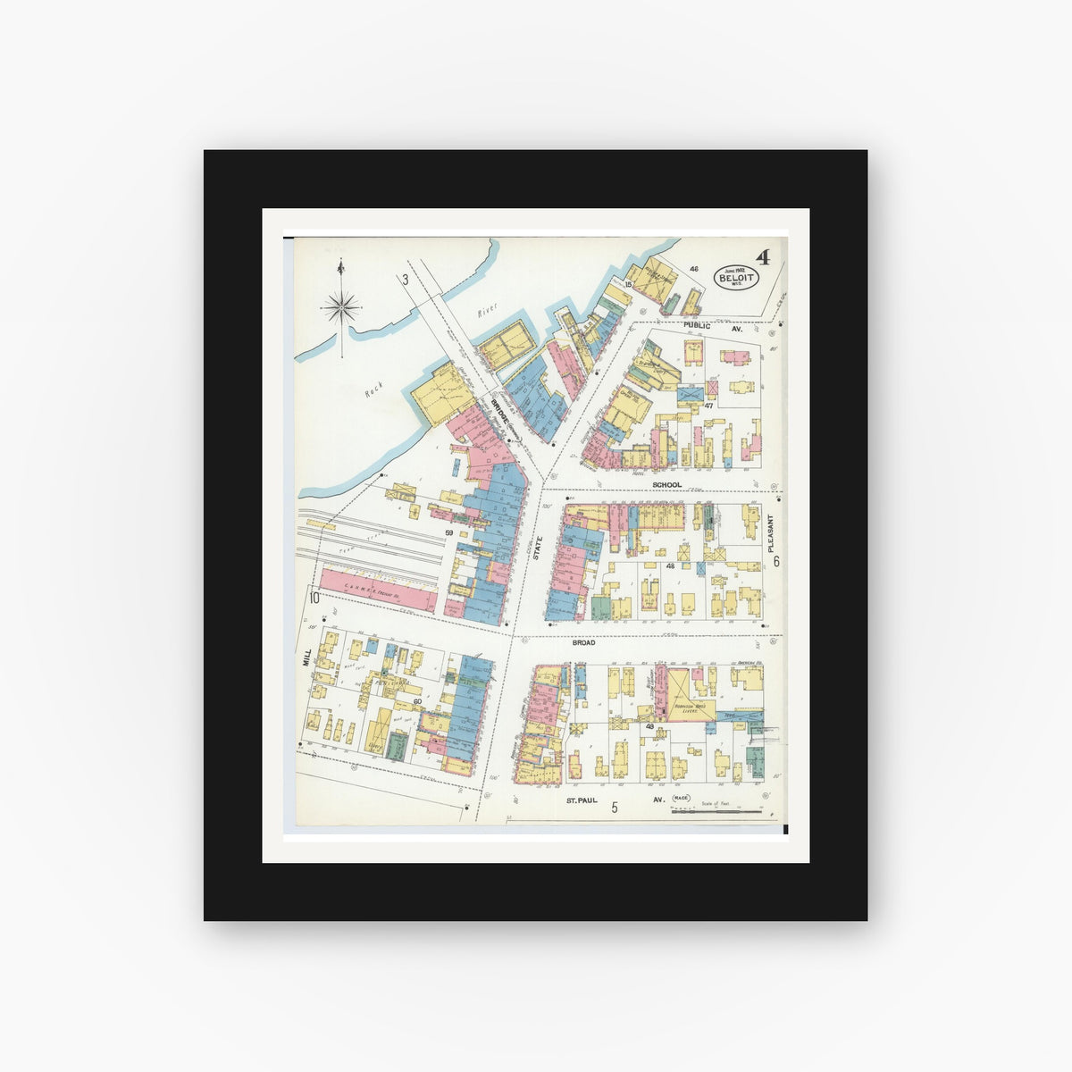 Old map wall art mockup — black gallery frame with white mat — Sanborn Fire Insurance Map from Beloit, Rock County, Wisconsin (1902), Sheet #0004