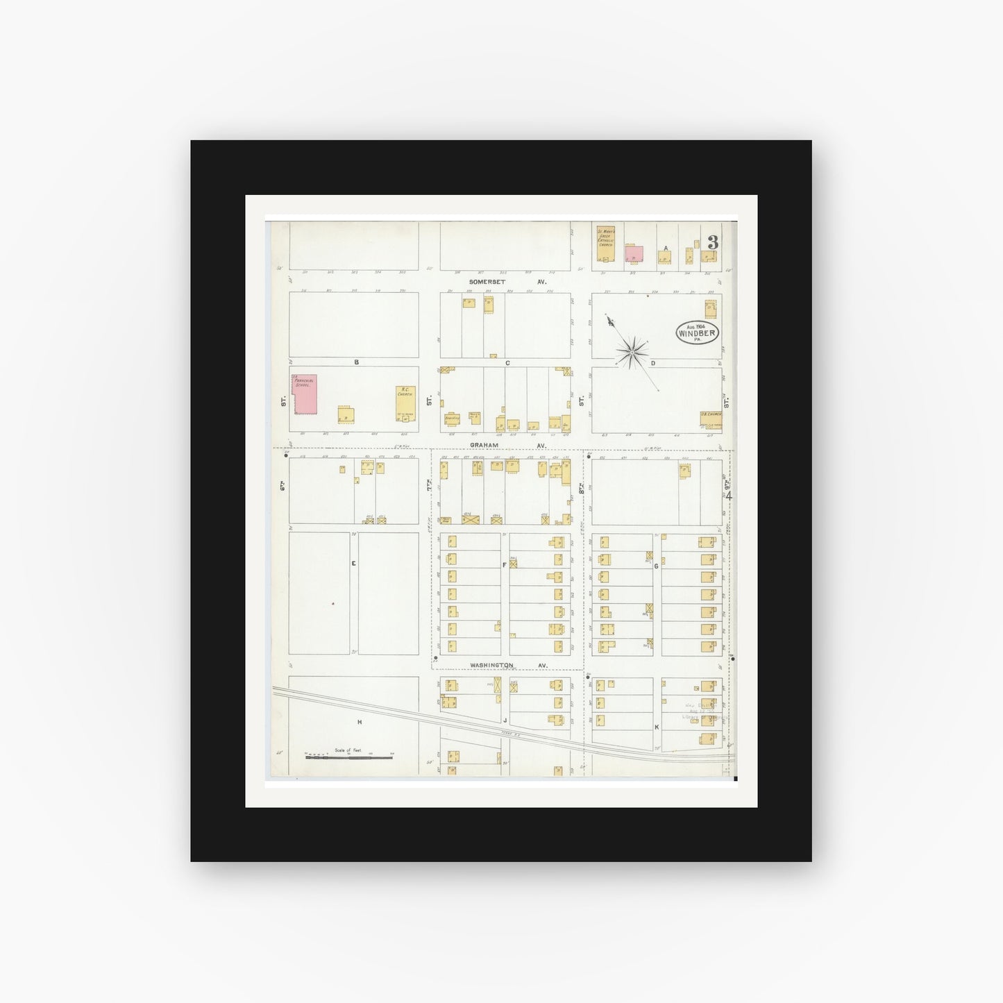 Old map wall art mockup — black gallery frame with white mat — Sanborn Fire Insurance Map from Windber, Somerset County, Pennsylvania (1904), Sheet #0003