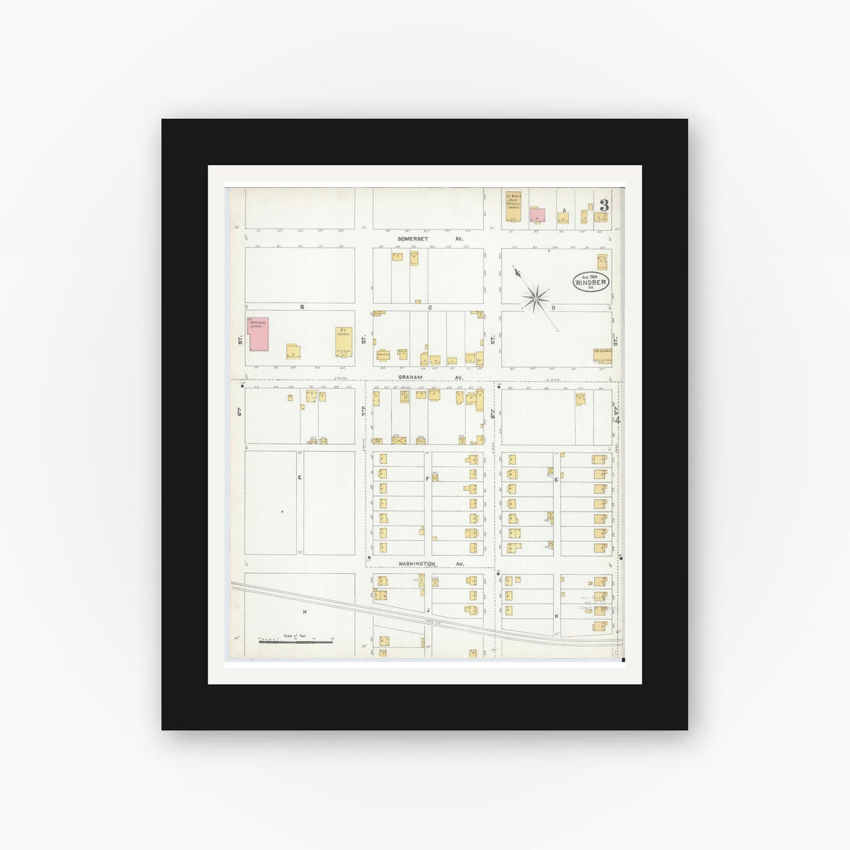 Old map wall art mockup — black gallery frame with white mat — Sanborn Fire Insurance Map from Windber, Somerset County, Pennsylvania (1904), Sheet #0003
