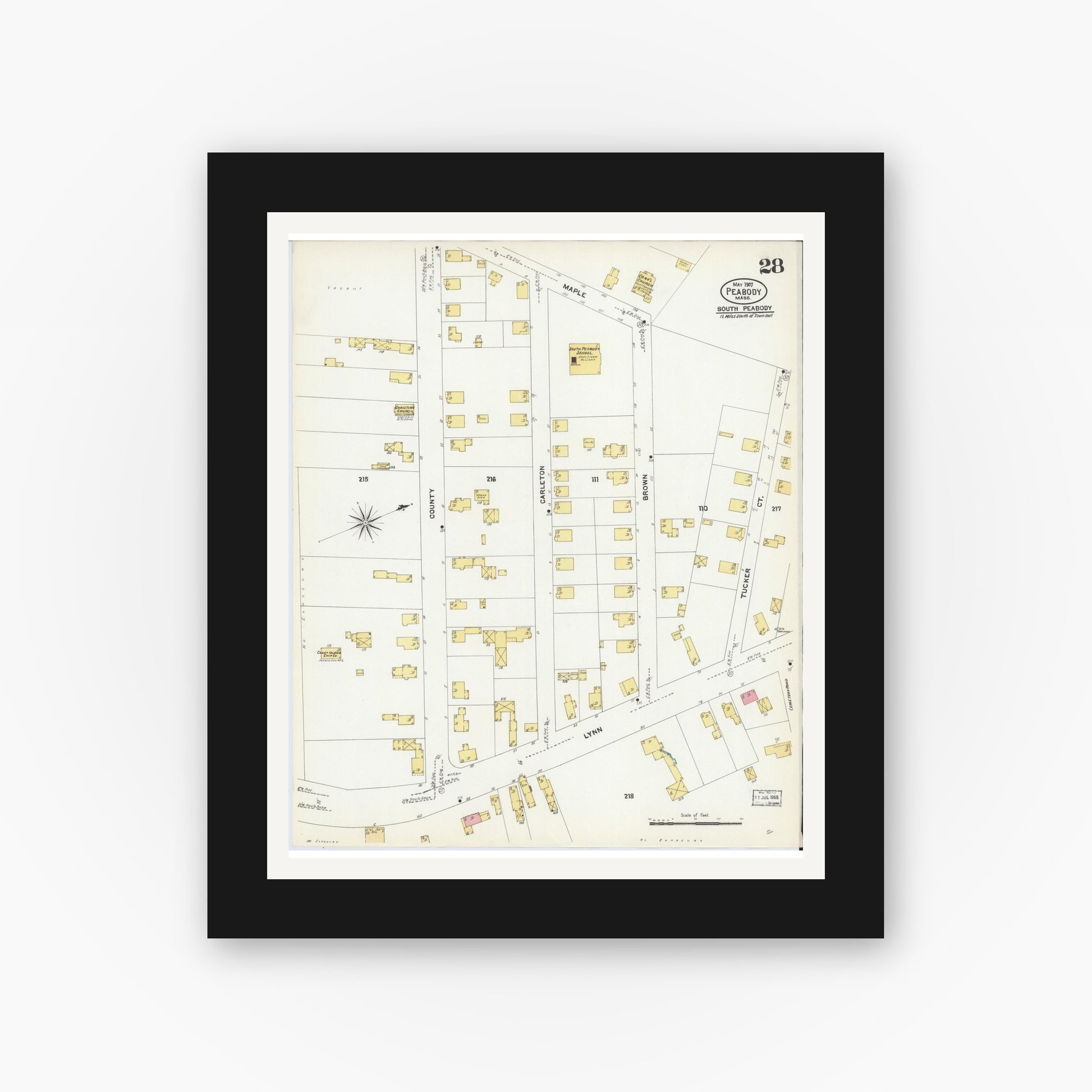 Old map wall art mockup — black gallery frame with white mat — Sanborn Fire Insurance Map from Peabody, Essex County, Massachusetts (1907), Sheet #0028
