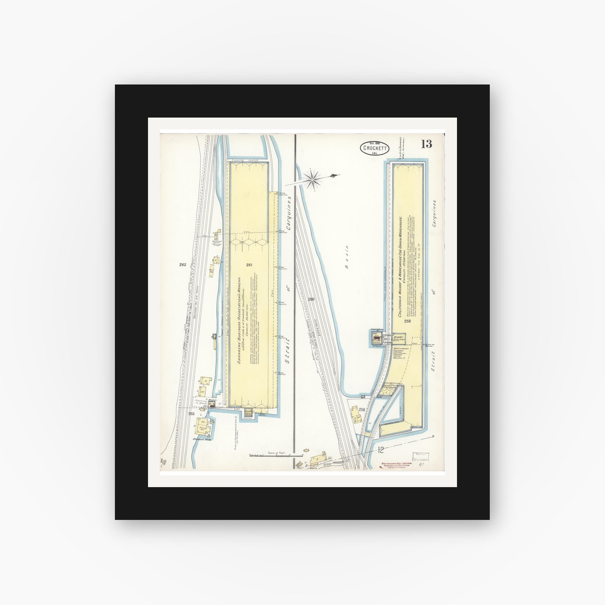 Old map wall art mockup — black gallery frame with white mat — Sanborn Fire Insurance Map from Crockett, Contra Costa County, California (1899), Sheet #0013
