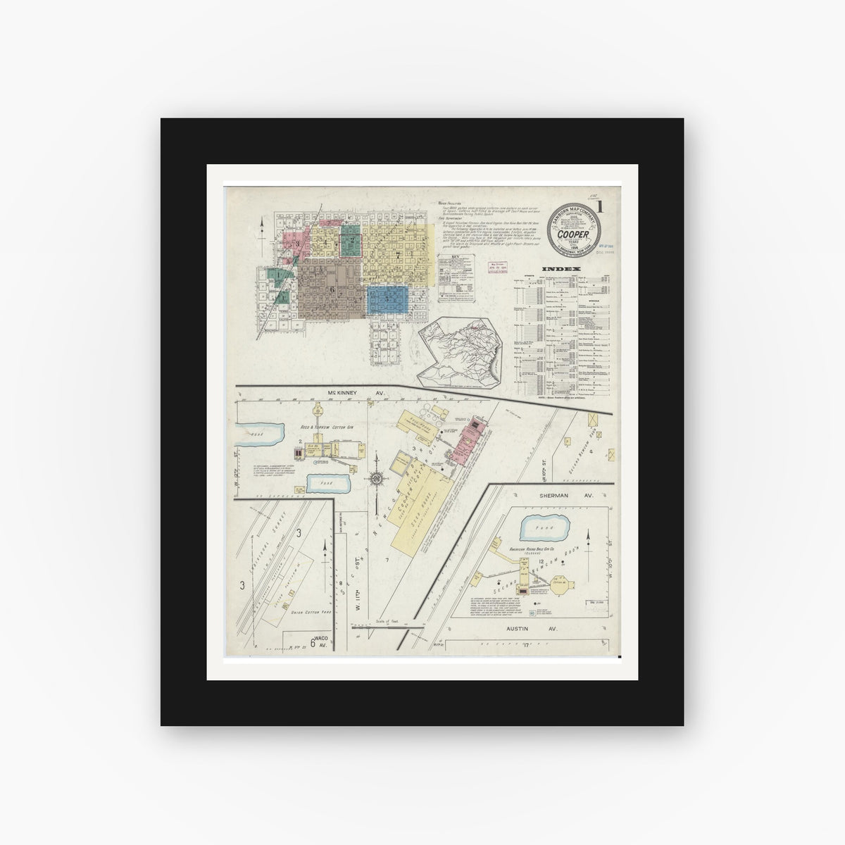 Old map wall art mockup — black gallery frame with white mat — Sanborn Fire Insurance Map from Cooper, Delta County, Texas (1914), Sheet #0001